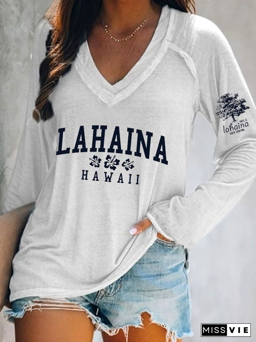 Women's Lahaina Strong Hawaii Tree of Life Aug 8 Hibiscus Print V-Neck Top