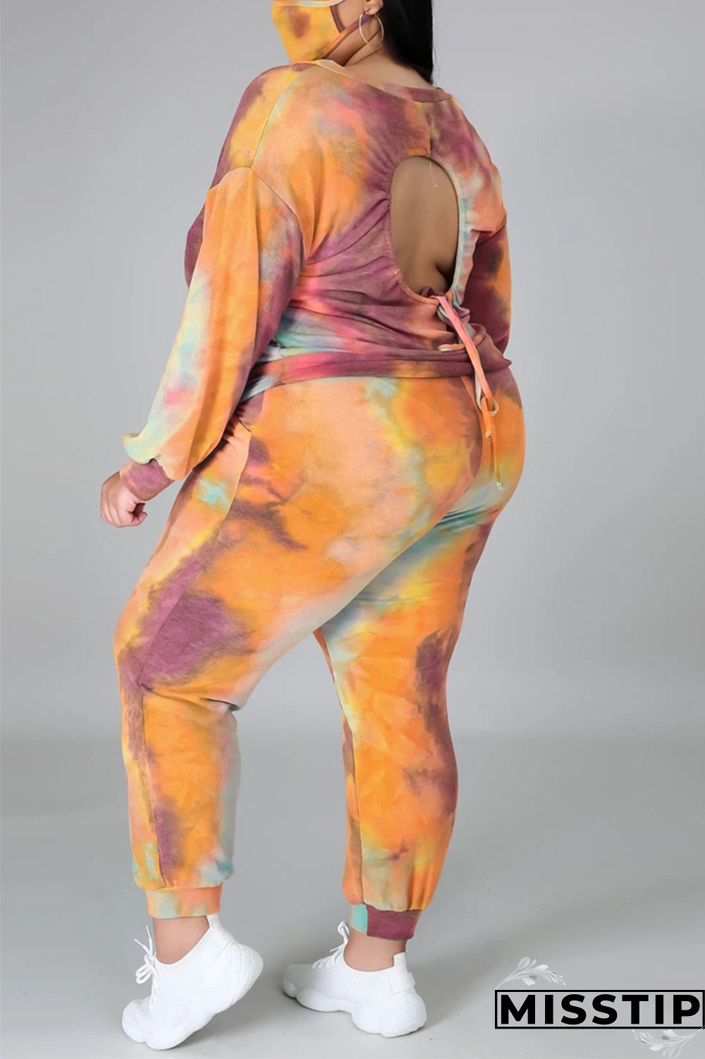 multicolor Fashion Casual Print Tie Dye Tie-dye Backless O Neck Plus Size Set