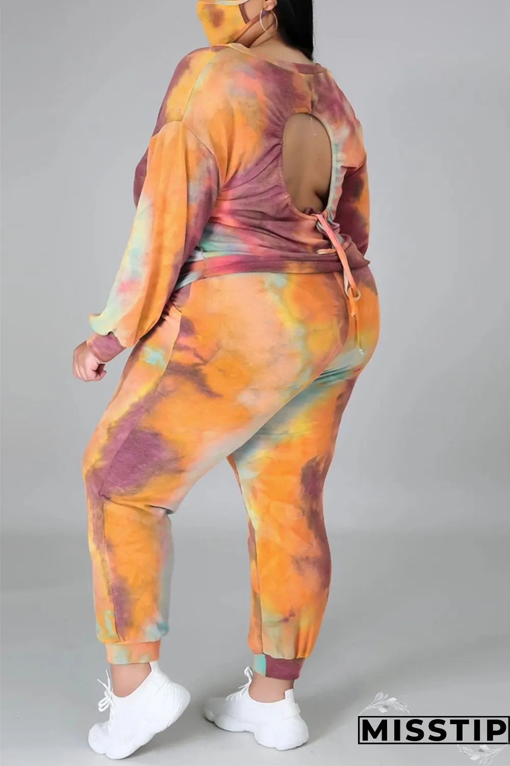 multicolor Fashion Casual Print Tie Dye Tie-dye Backless O Neck Plus Size Set