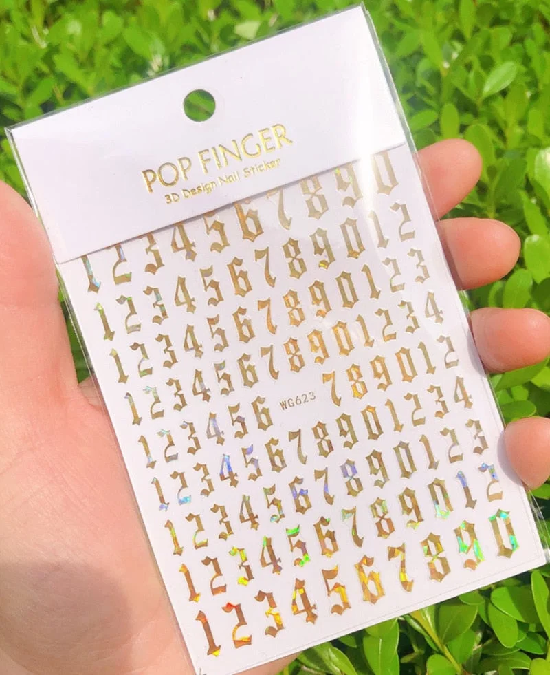 New Old English Big Size 80mm*103mm Numbers Nail Sticker Decals Wrap 3D Nail Art Supplies 6 Color Letter Number Sticker-Nail Inspo