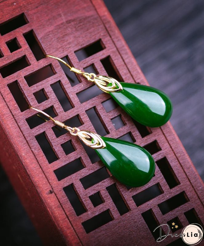 Retro Silk Sterling Silver Inlaid Jade Water Drops Drop Earrings