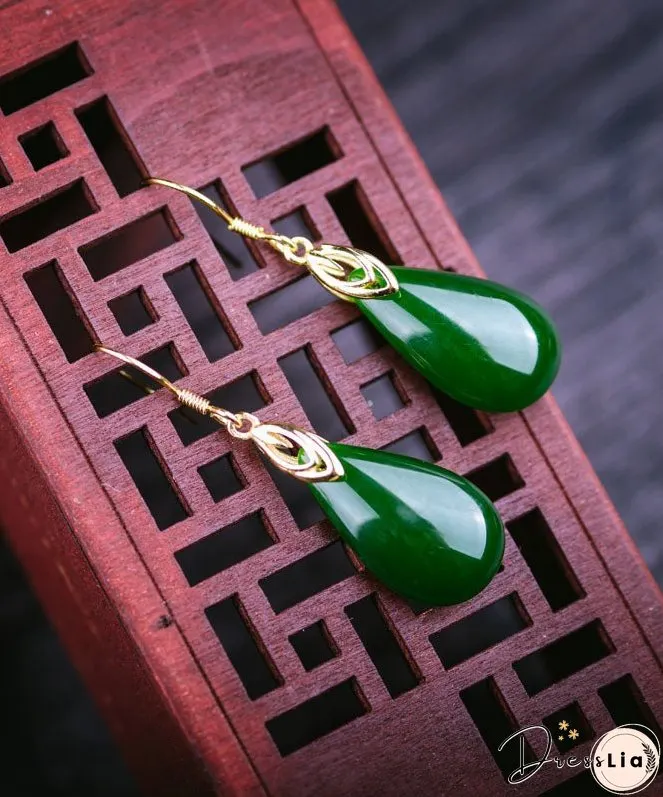 Retro Silk Sterling Silver Inlaid Jade Water Drops Drop Earrings
