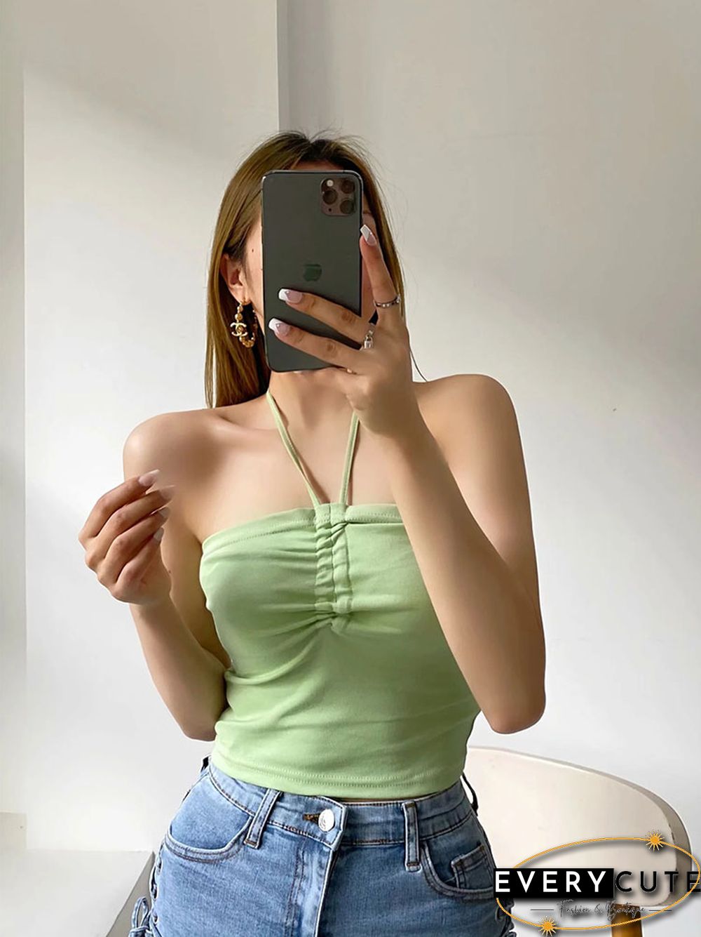 Women Ruched Halter Neck Cami Top Sexy Camisole