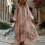 Women's Pink Floral Embroidered Art V-neck Loose Midi Dress - Image 2