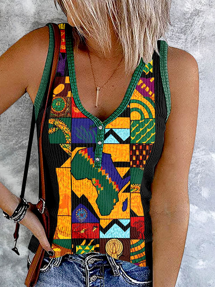 Comstylish Africa Traditional Brilliance Patchwork V-Neck Tank Top