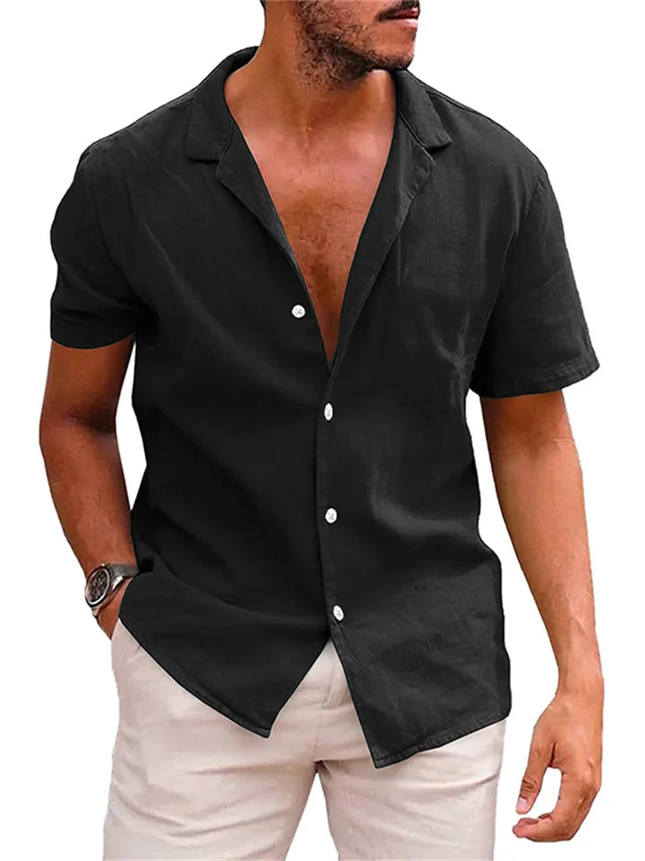 Linen Large Size Men's Short-sleeved T-shirt Loose Sweatshirt Solid Color Button Cardigan Cotton Linen Shirt Men-Cosfine