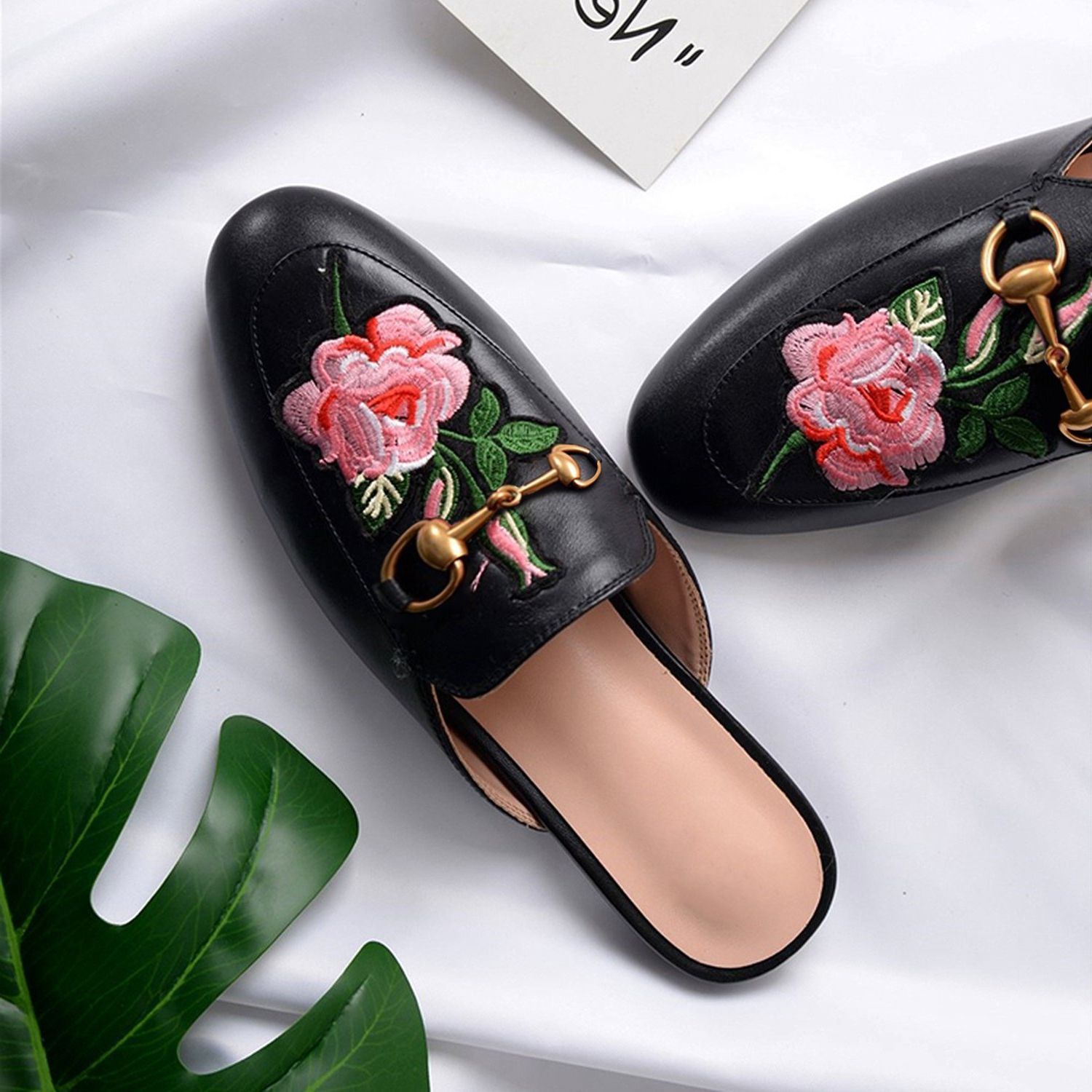 Black Rose Toe Flats with Metal Buckle Mules Shoes-vocosishoes