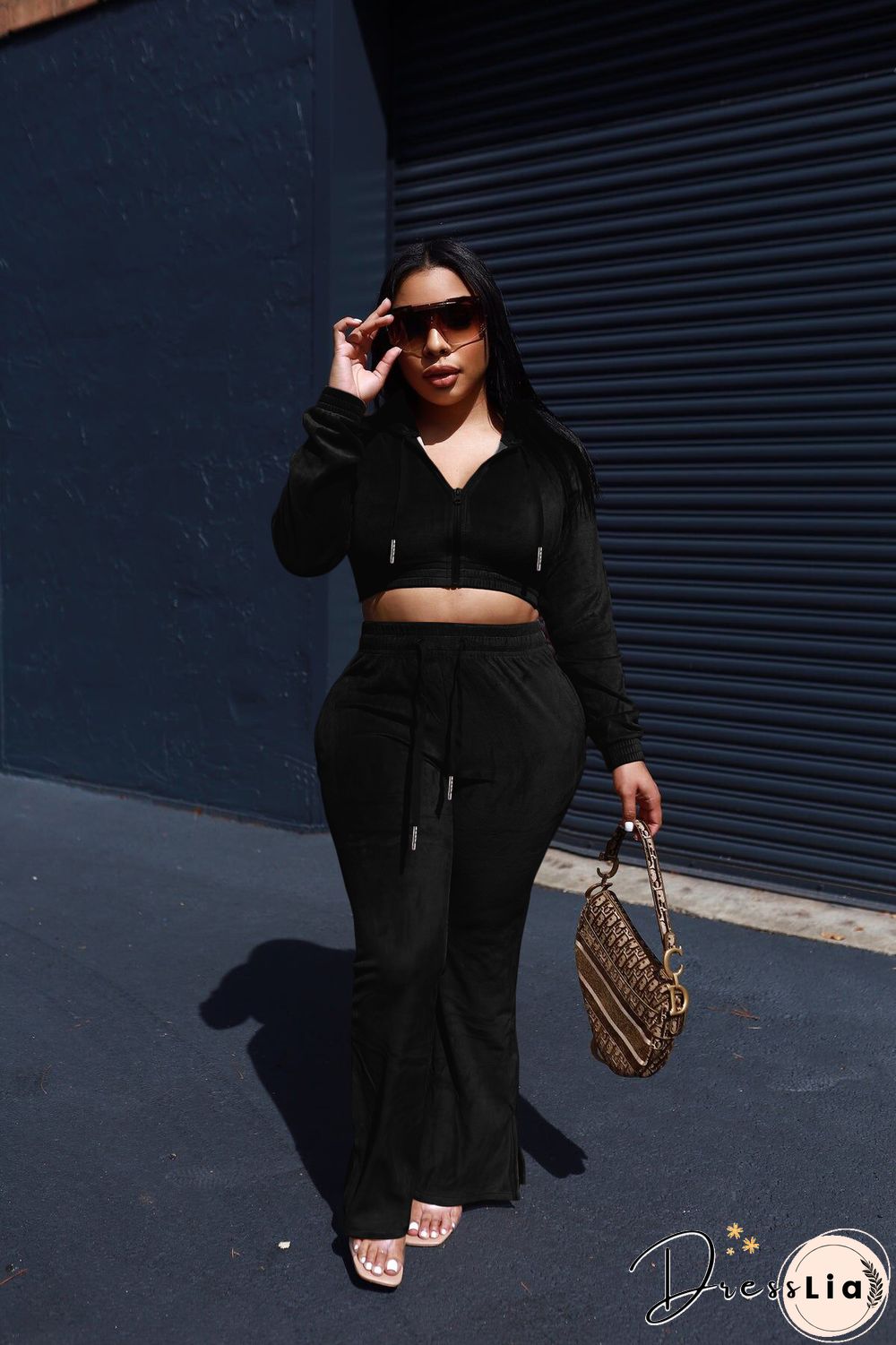 Zipper Hooded Jacket Flare Pants Velvet Two Piece Set