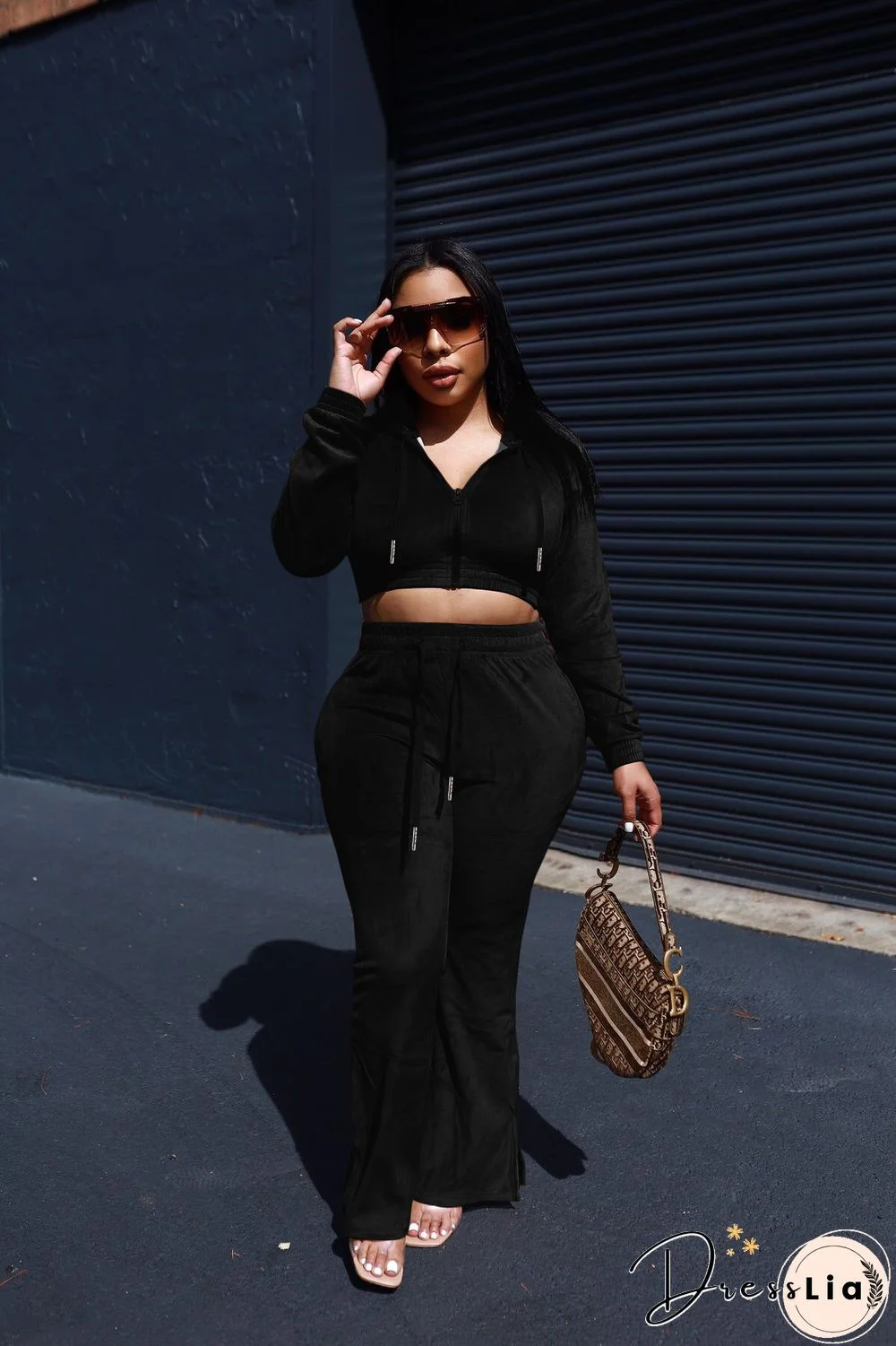 Zipper Hooded Jacket Flare Pants Velvet Two Piece Set