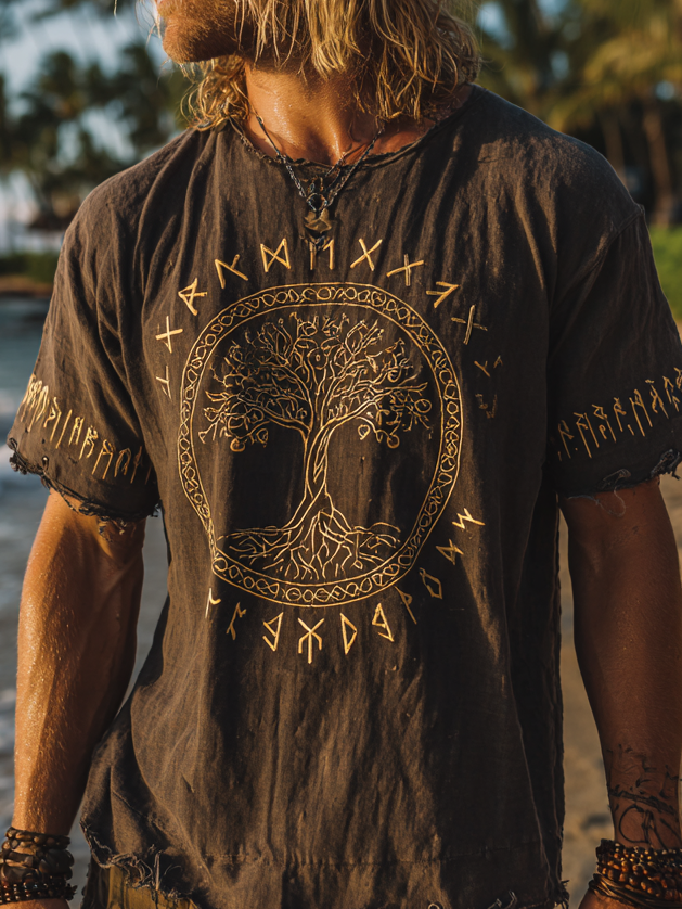 Men's Vintage Viking Distressed Tree Of Life & Rune Design Linen Shirt / Rvogue / Rvogue