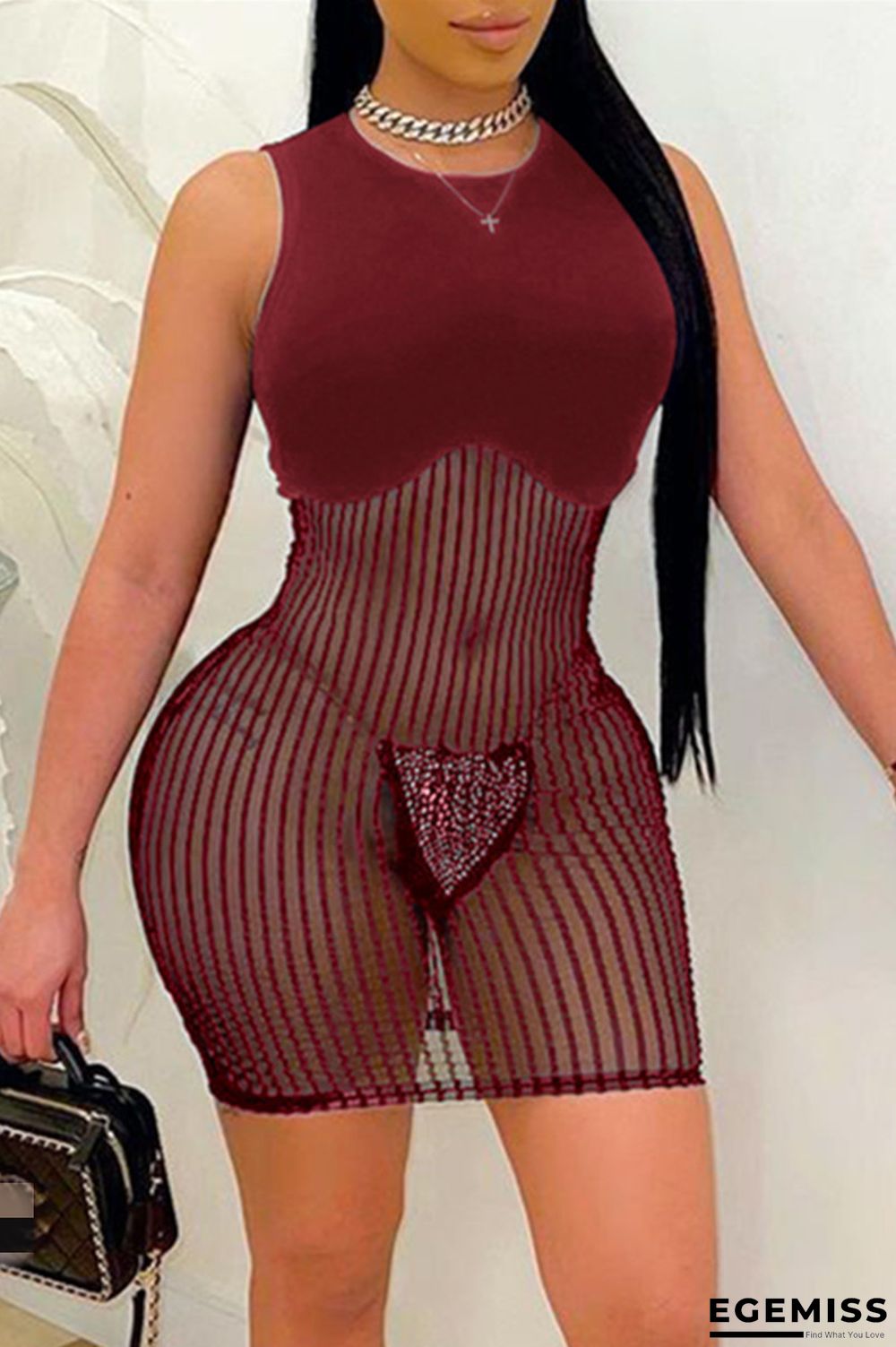 Burgundy Fashion Sexy Patchwork See-through O Neck Sleeveless Dress | EGEMISS