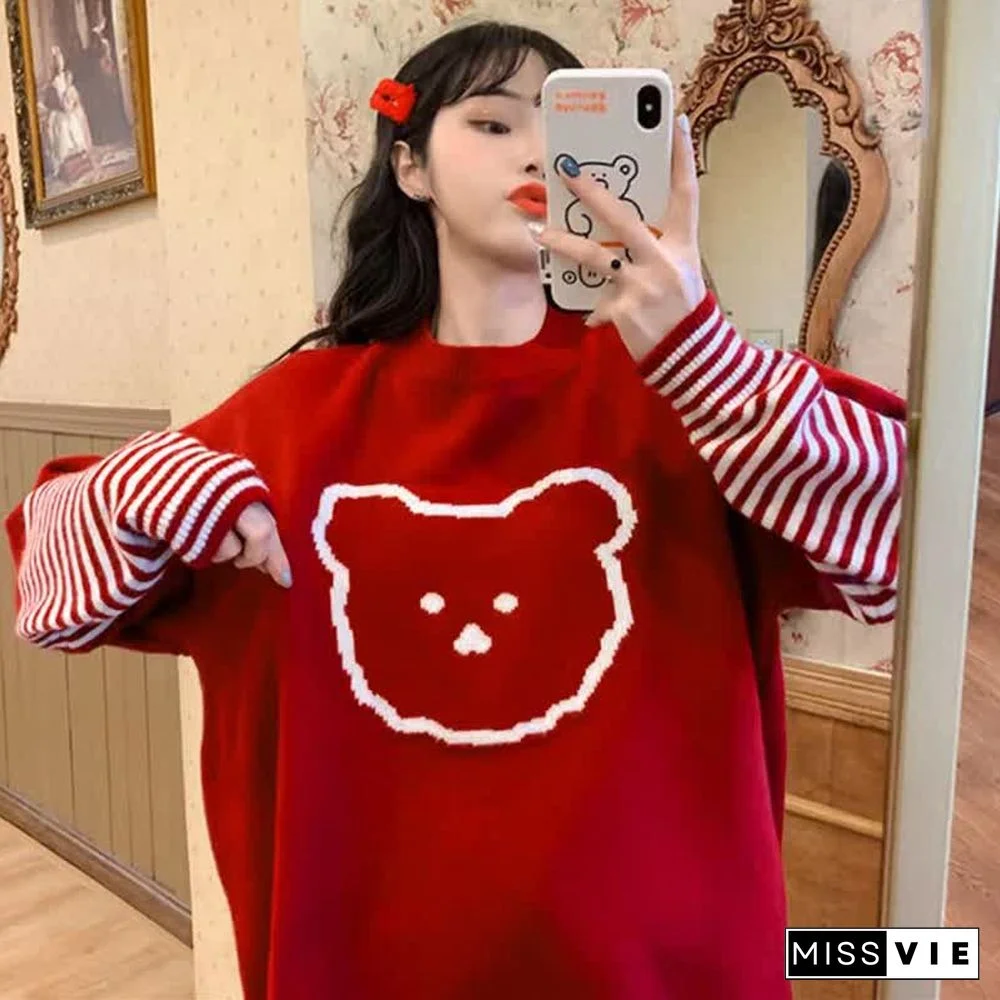 Cartoon Bear Pattern Stripe Sleeve Knit Sweater