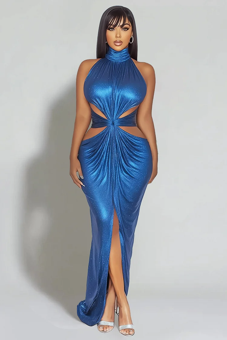Halter High Neck Ruched Cutout Metallic Party Maxi Dresses-Blue [Pre Order]