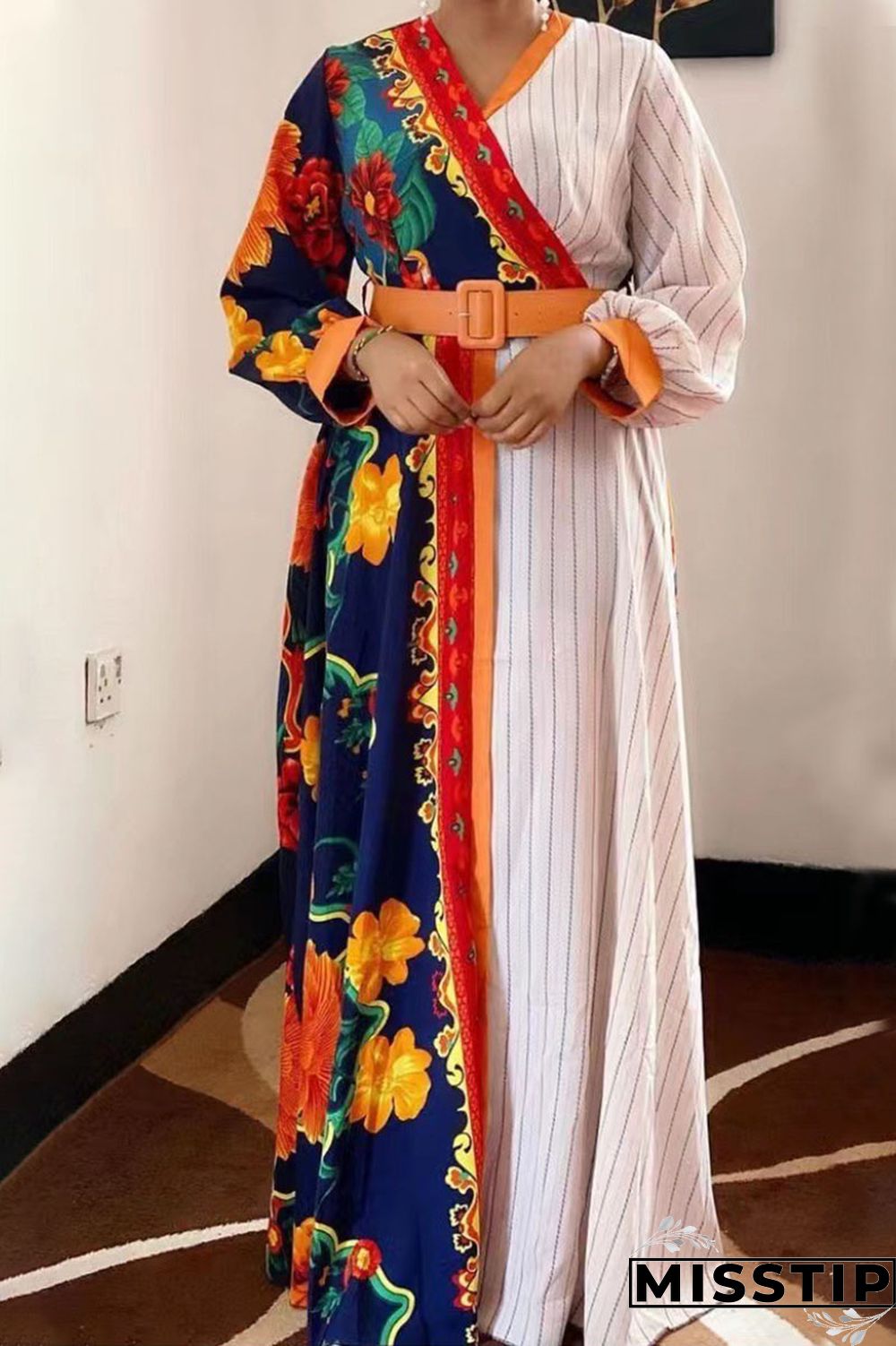 Deep Blue Print Patchwork V Neck Straight Plus Size Dresses