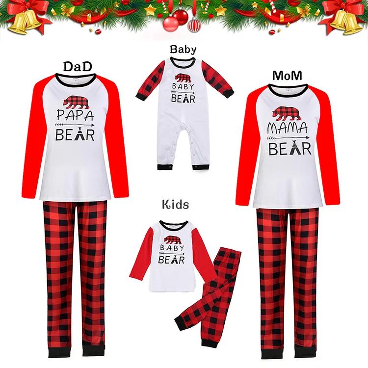 Papa Bear and Mama Bear Red Plaid Family Matching Pajamas Sets