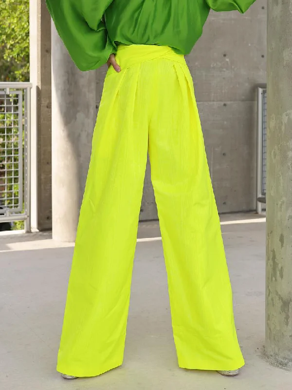 Contrast Color Round-Neck Puff Sleeves Blouse Top + Wide Leg Pants Two Pieces Set