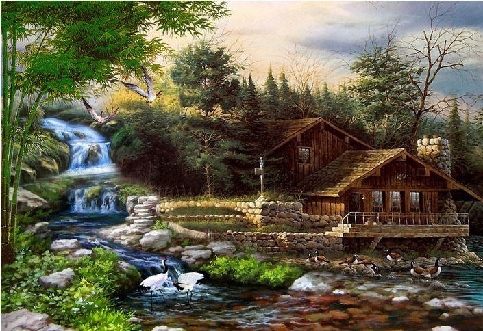 

Cottage By Waterfall – Paint By Numbers - 40*50CM, 501 Original