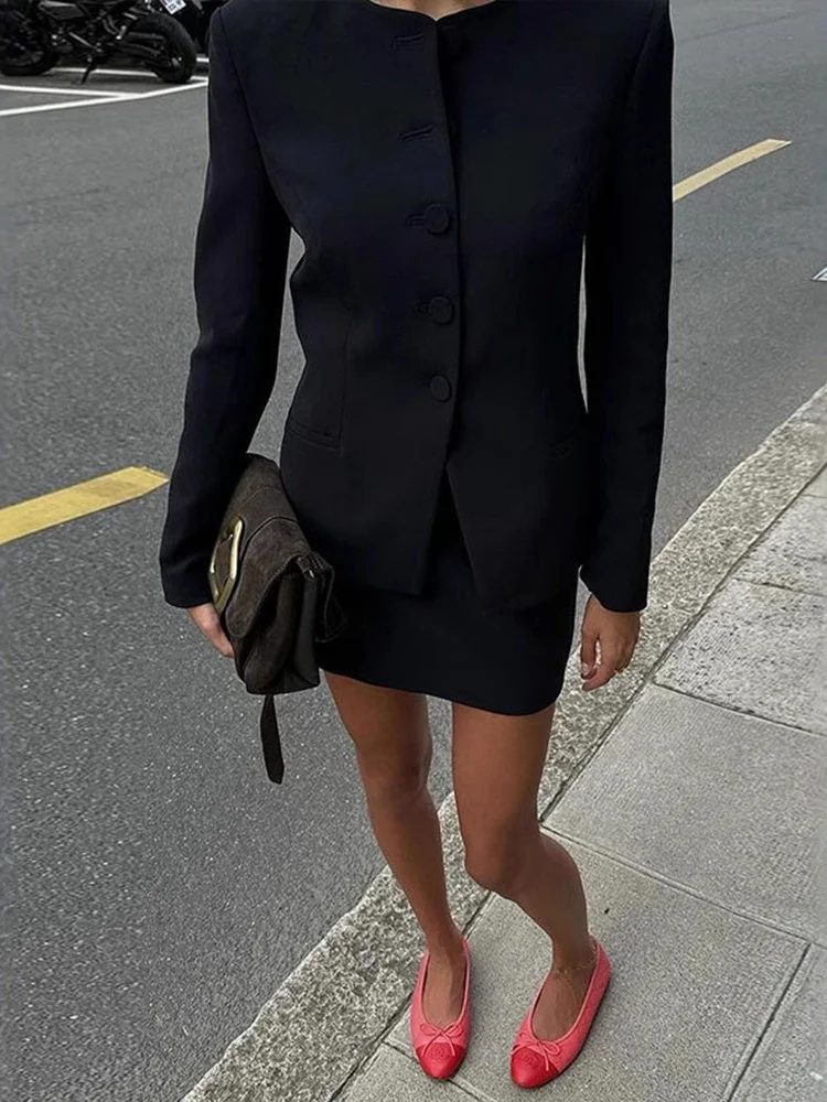Women's Long Sleeve Scoop Neck Solid Color Temperament Single-Breasted Sets