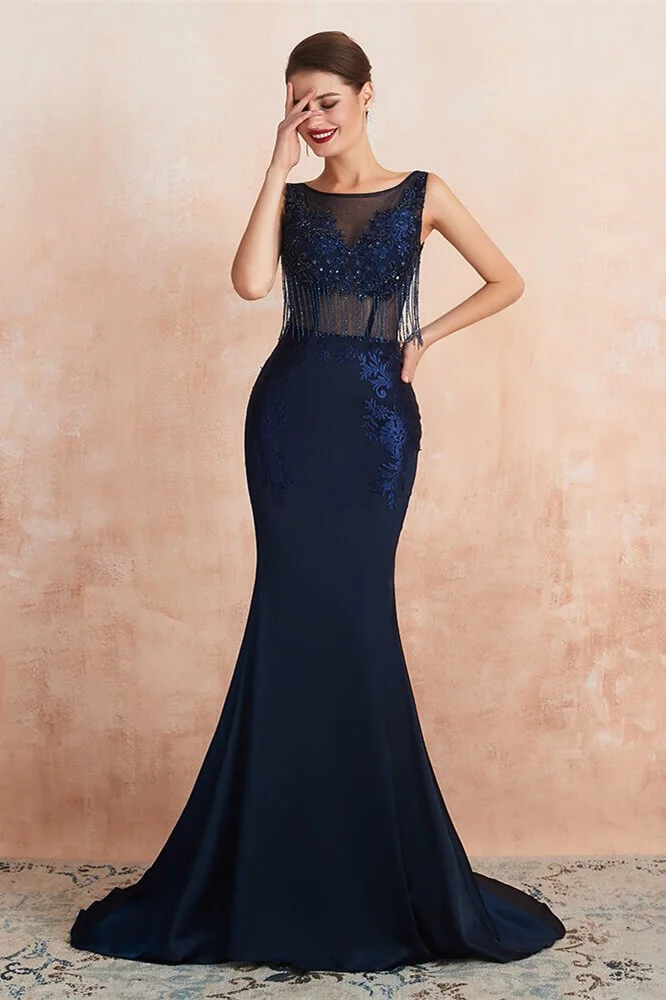 Stunning Navy Blue Jewel Sleeveless Mermaid Prom Dress Rhinestone Lace With Tassels ED0447