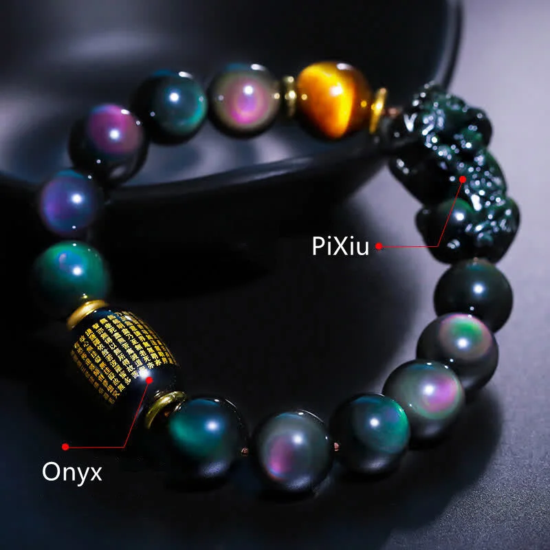 FengShui PiXiu Rainbow Obsidian Black Onyx Tiger Eye Positive Bracelet