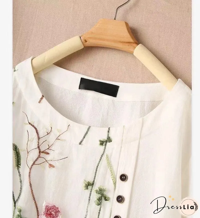 New Autumn Shirts Women's Loose Cotton Hemp Pullover Embroidered Round Neck Top Large Pullover White Shirt