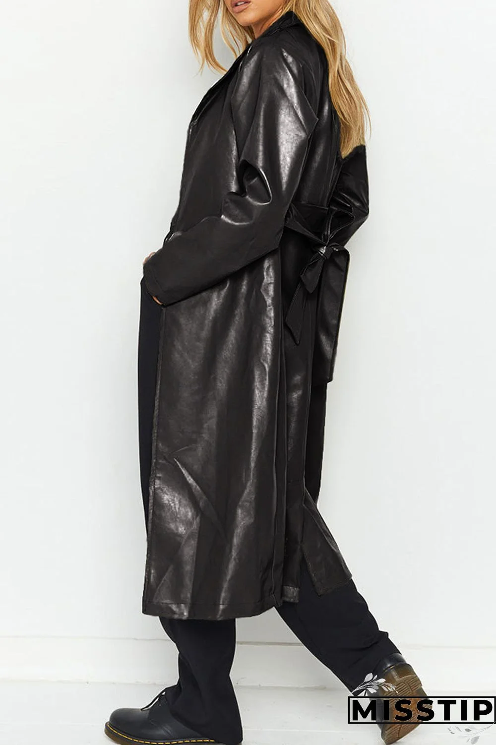 Black Elegant College Solid Solid Color Turn-back Collar Outerwear