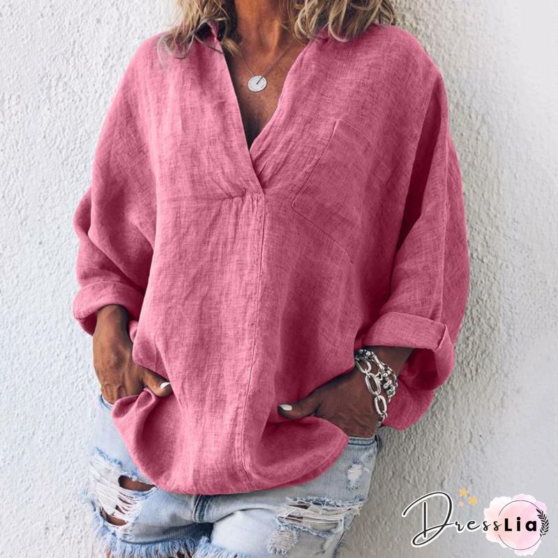 Solid Color V-neck Long-sleeved Wild Casual Shirt