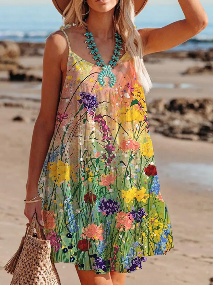 Breakj Spring O Neck Loose Sling Beach Dress Sexy Off Shoulder Hollow Boho Dress Women Retro Pattern Print Patchwork Summer Mini Dress