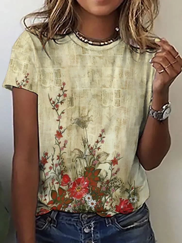 Printed Short Sleeve Casual T-shirt for  Women and Men Unisex Pattern Floral,Red,Beige,Gray