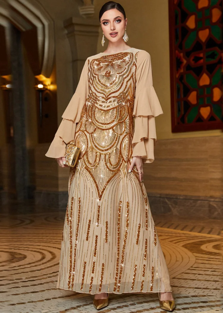 French Gold Embroideried Sequins Chiffon Maxi Dresses Butterfly Sleeve