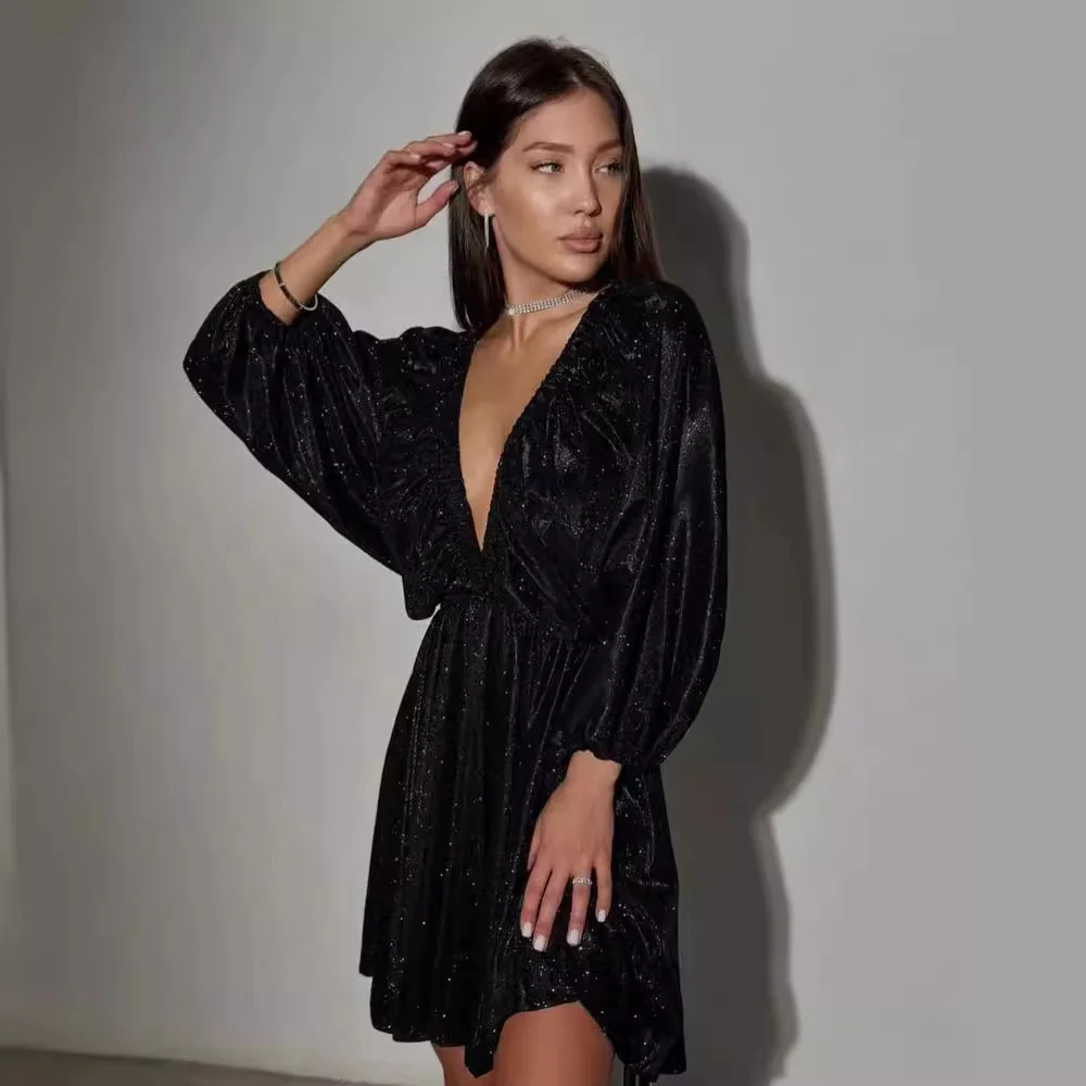 Nigikala Nigikala Spring Design V-Neck Dress French Solid Color Sexy Short Dress Woman