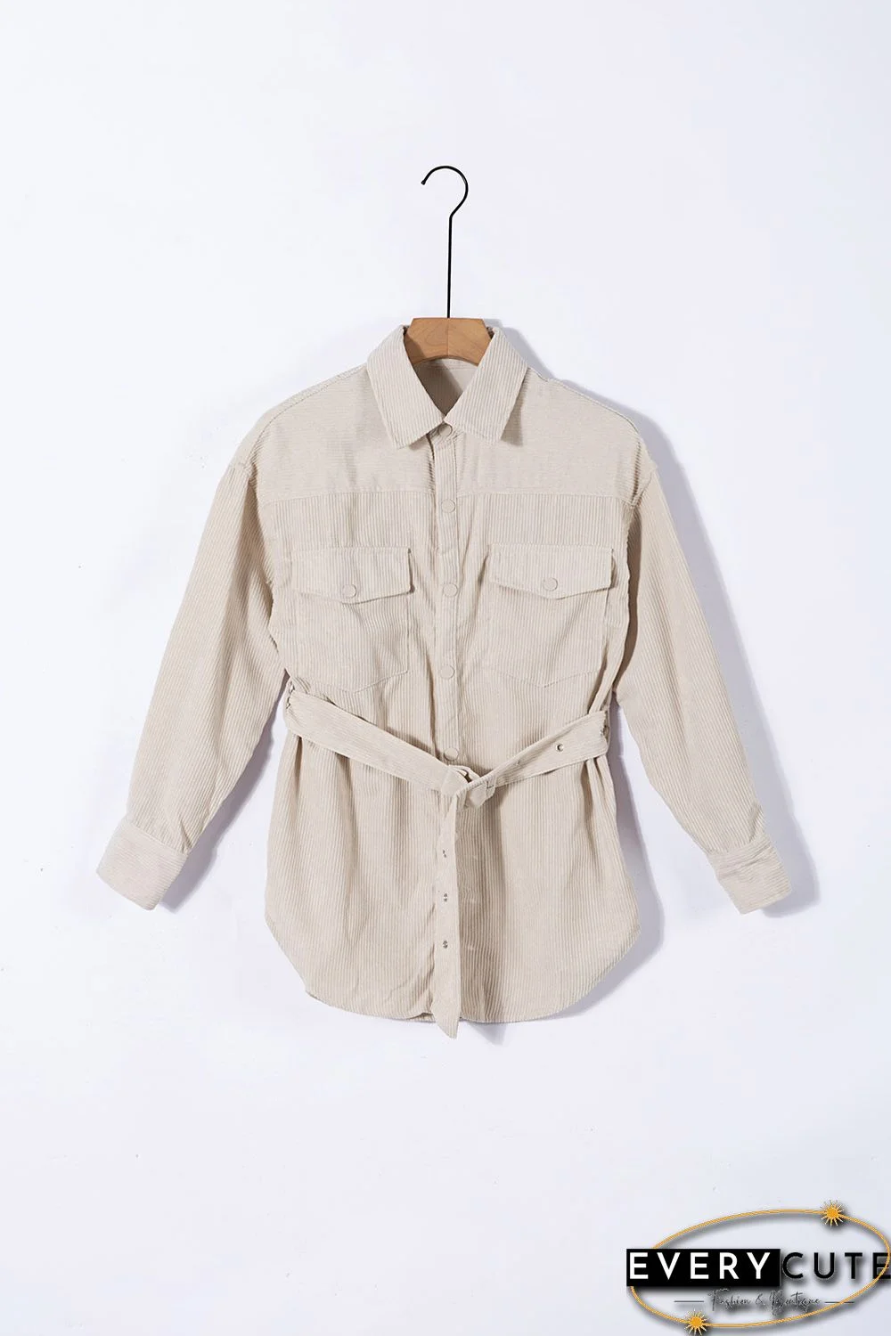 Waist Belt Corduroy Button-up Jacket