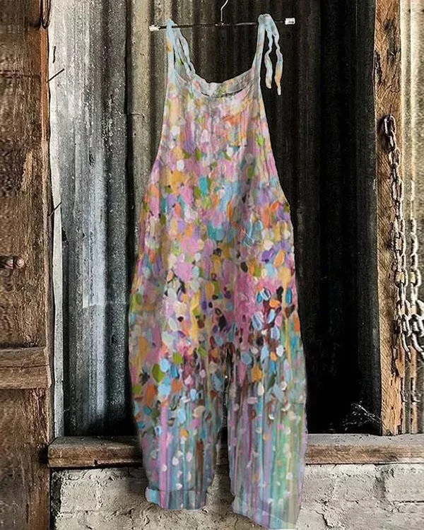 Fashion Oil Painting Style Floral Women Casual Linen Jumpsuits