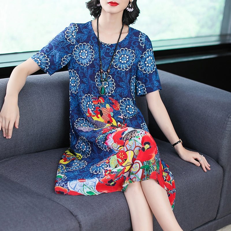 Summer Printed Heavy Imitation Dress Mulberry Silk Slimming A- Line Skirt Women's