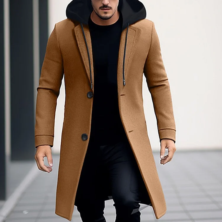 Men's Winter Wool Coat Casual Plain Double-Deck Lapel Collar Zipper Hooded Trench Coat
