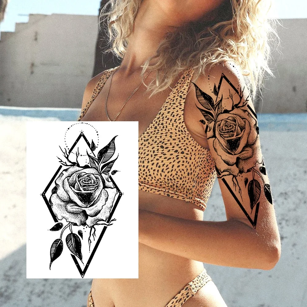 Sexy Flower Temporary Tattoos For Women Body Art Painting Arm Legs Tattoos Sticker Realistic Fake Black Rose Waterproof Tattoos
