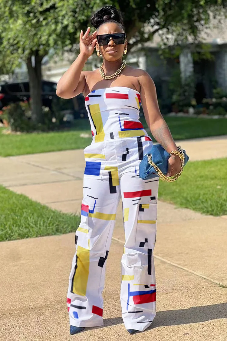 Colorblock Geometric Print Strapless Wide Leg Jumpsuit-White [Pre Order]