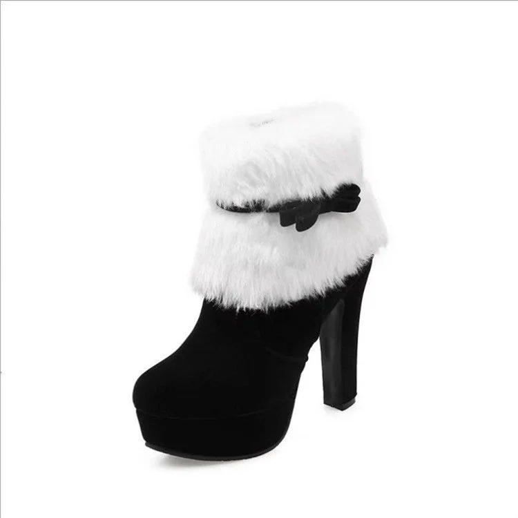 Christmas Red High-heeled Boots And Furry Bow Short Boots