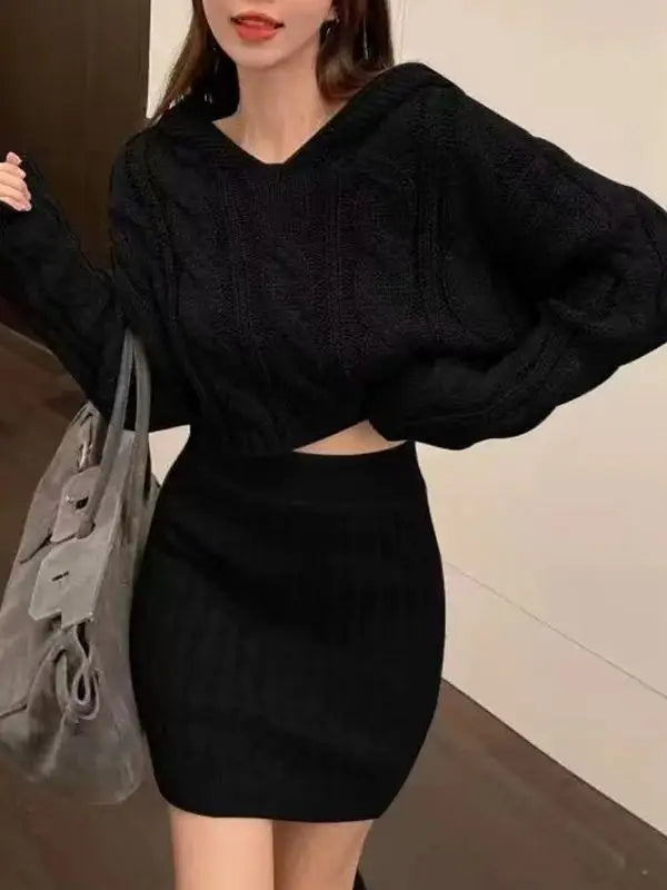 Women Sweater and Skirts Sets Knitted Hooded And Elastic Waist Bodycon Skirt Sets For Women 2024 Autumn Winter Aiertu