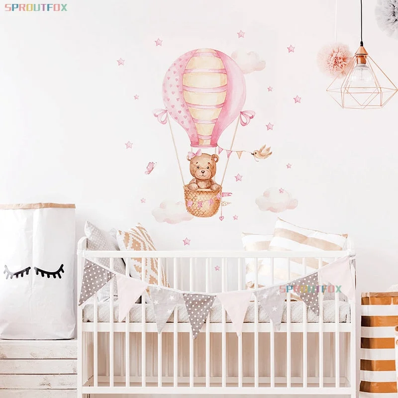 Watercolour Pink Hot Air Balloon Wall Stickers for Baby Nursery Room Decals Baby Girls Pink Bears Cartoon Animals Kids Stickers