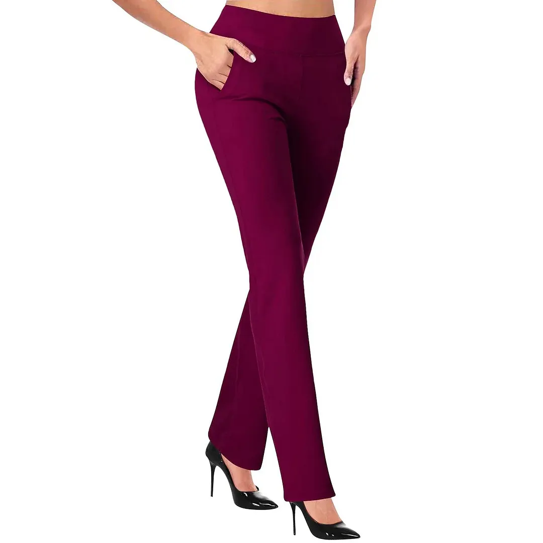 Womens Dress Work Casual Pants Trousers Straight Full Length Pocket Stretchy Daily Black