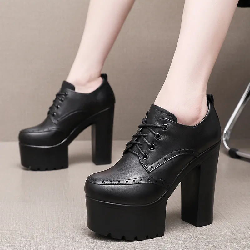 Breakj Breakj Brown Bullock Women's Shoes With English Carved Small Leather Shoes Thick Heel High Heel Waterproof Table Round Head Deep Mouth Single Shoe