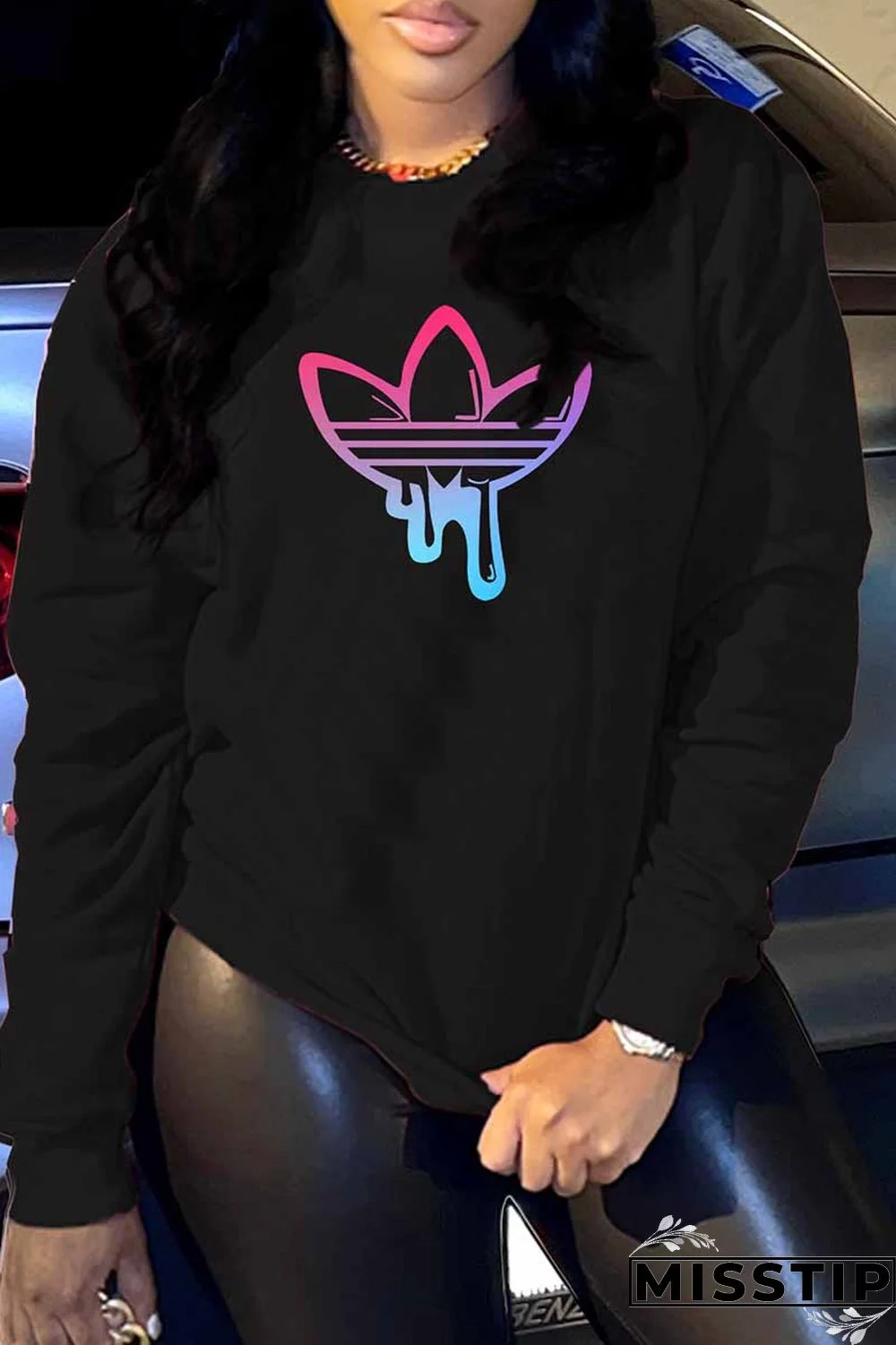 Black Casual Print Patchwork O Neck Tops