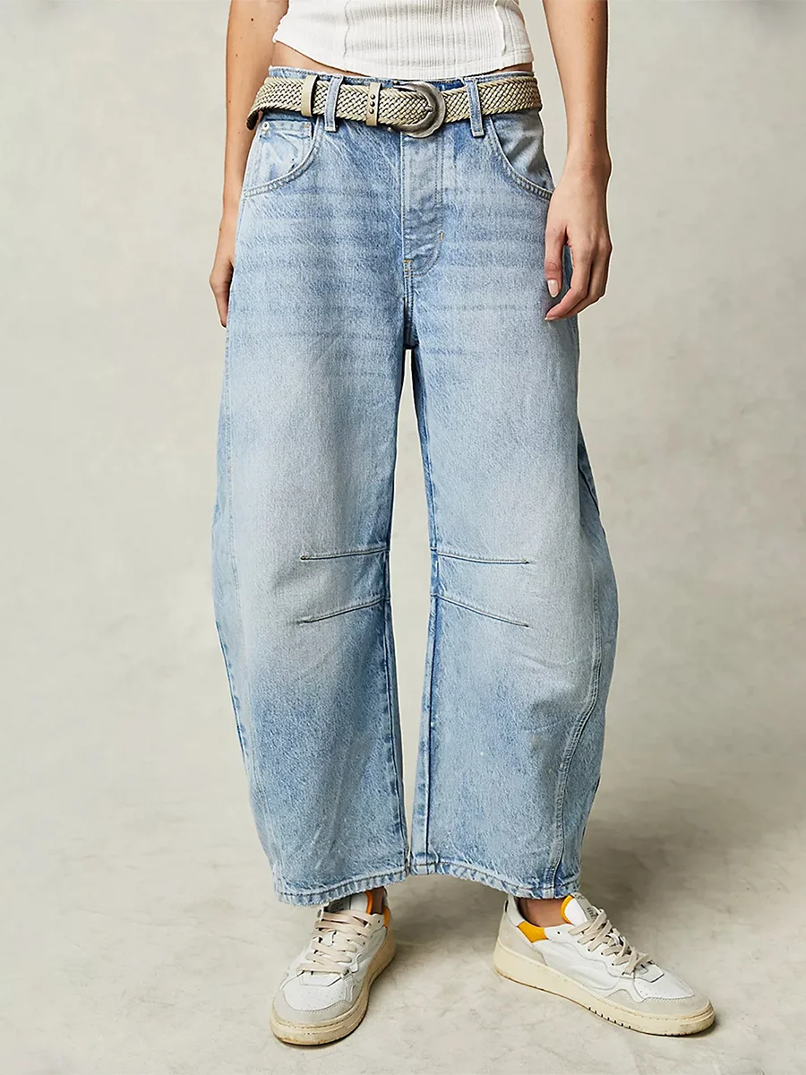 Huibahe Women Casual Baggy Mid Waist Jeans Wide Leg Loose Boyfriend Denim Pants Straight Leg Cropped Barrel Jeans Y2k Clothes