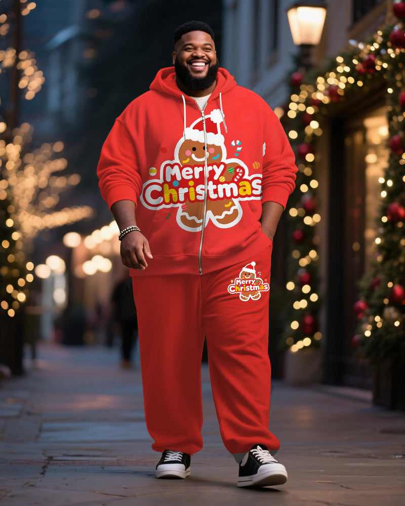 Big & Tall Men's Christmas Gingerbread Man Alphabet Print Cardigan Hoodie Suit