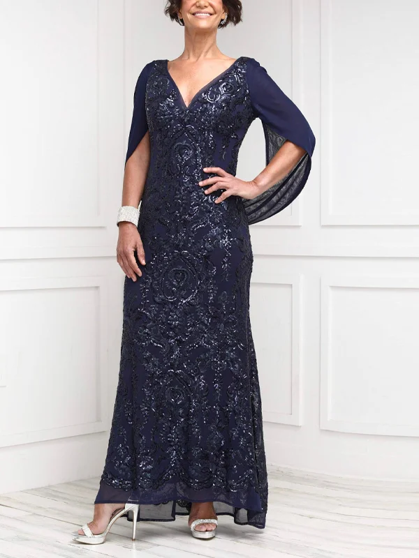 V-Neck Lace Solid Color Mesh Maxi Dress
