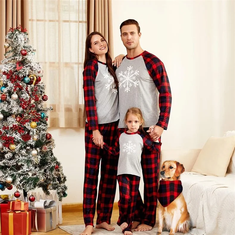 Family Matching Snowflake Buffalo Plaid Christmas Pajamas Sets (with Pet Dog Clothes)
