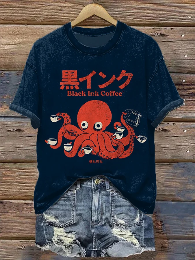Women's Octopus Coffee Japanese Art Print Casual T-Shirt