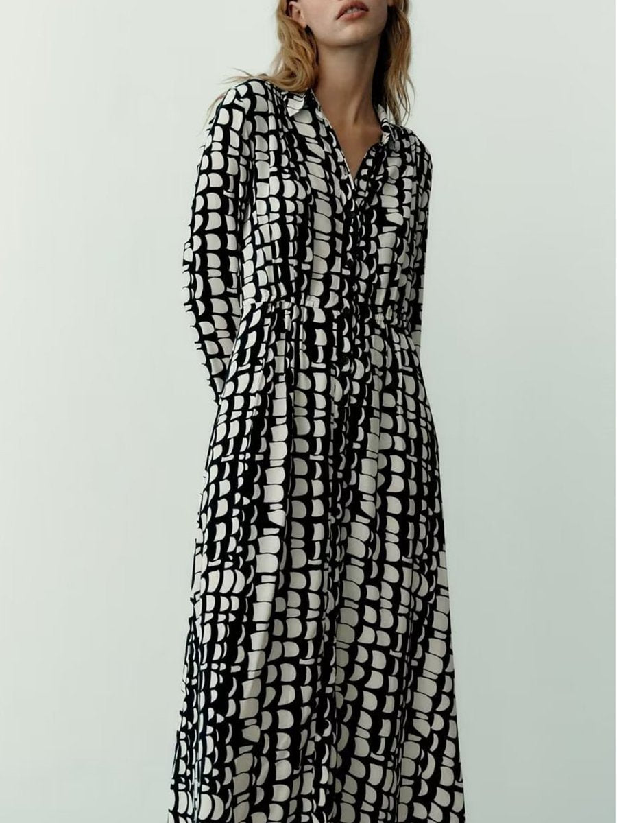 Lapel Black And White Print Dress
