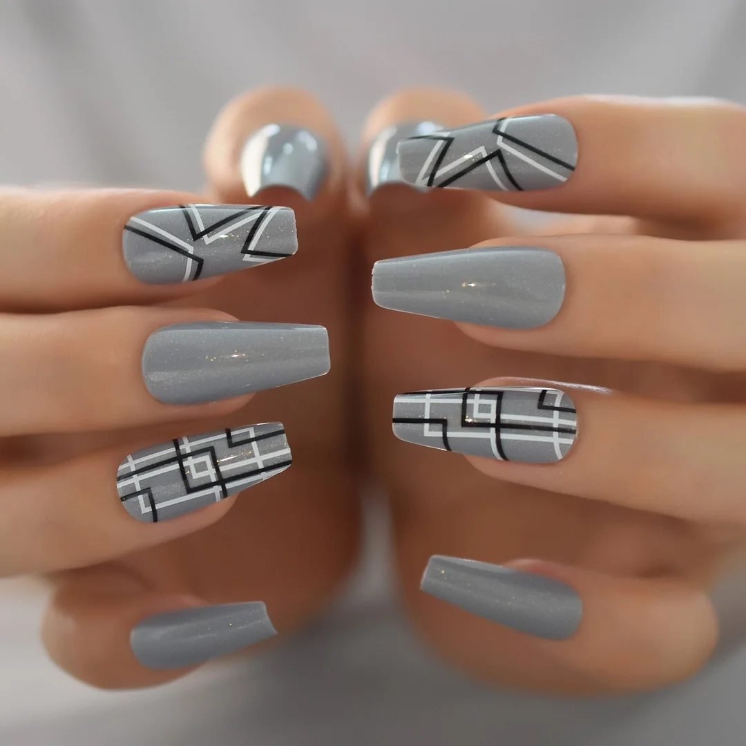 Nail Art False Nails Coffin Grey Press On Medium Long With Designs Fake Nails Stick On Nail Display Faux Ongles Shimmer-Nail Inspo